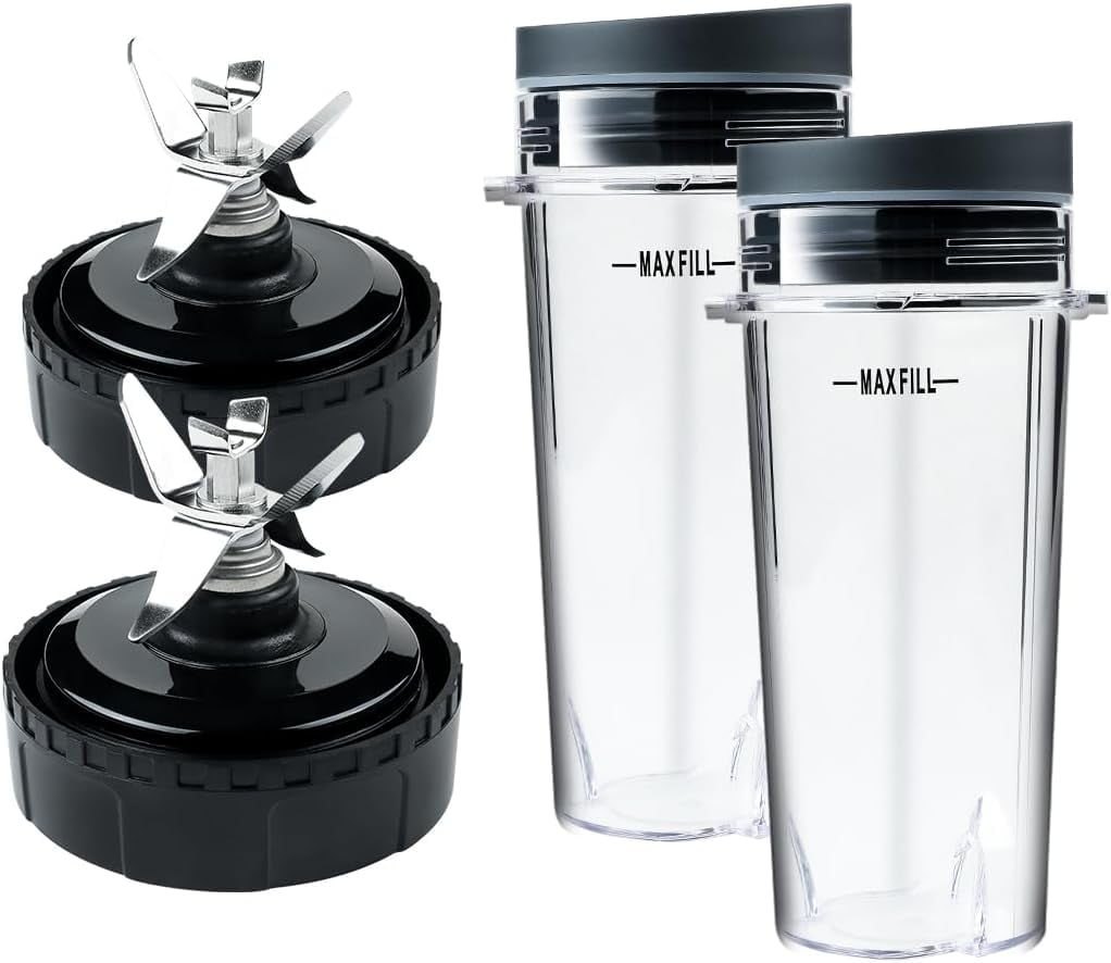 2 Pack Blade Assembly 6 Fins Blender and 2 Single Serve 16 oz Cups Replacement Parts Compatible with Nutri Ninja BL770 BL771 BL772 BL740 BL780 BL660 BL663 Profe