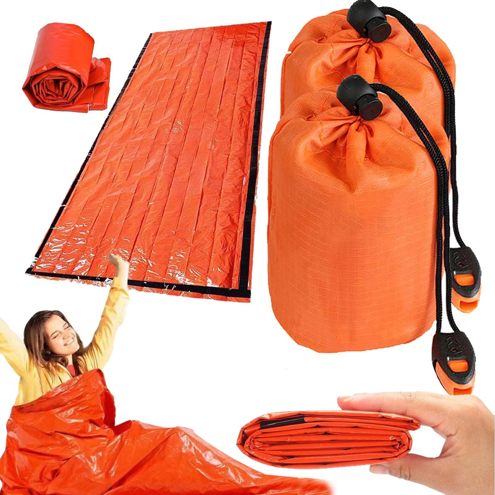 2-Pack Blanket, Sleeping Bag, Emergency Sleeping Bag Survival, Waterproof, Compact Lightweight, Emergency Mat for Survival Kit Car Camping Gear Hiking Go (2, Orange)