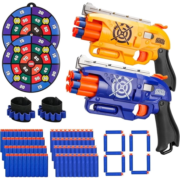 2-Pack Manual Loading Soft Dart Blaster Set with 80 Foam Darts, 2 Targets & Wrist Straps  Fun Christmas Stocking Stuffer & Party Gadgets for Ages 14+