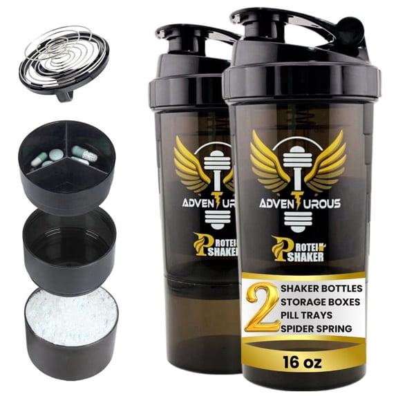 Protein Shaker 16 oz Black Blender Bottle with Powder Compartment 2 Count