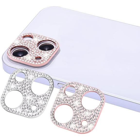 [2 Pack] Bling Camera Lens Protector for iPhone 13 6.1 inch, for iPhone 13 Mini 5.4 inch, Glitter Diamond Crystal Metal Lens Decoration Cover Accessories - Rose Gold and Silver