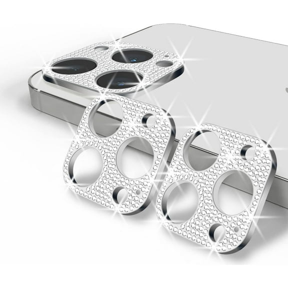 [2 Pack] Bling Camera Lens Protector for iPhone 13 Pro 6'1" & iPhone 13 Pro Max 6.7"- Diamond Glitter iPhone 13 Pro Camera Lens Cover - Case Friendly, Bonus Microfiber Cleaner - Silver