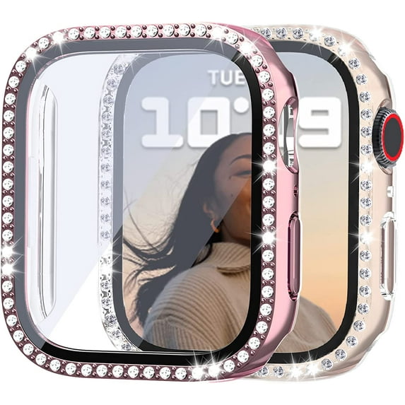 2 Pack Bling Case with Tempered Glass Screen Protector for Apple Watch SE 2 Series 6/5/4 SE 40mm, All Round Full Protection Hard PC Cover Bumper for iWatch Accessories, Pink+Clear
