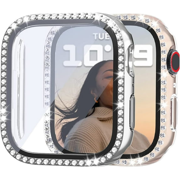2 Pack Bling Case with Tempered Glass Screen Protector for Apple Watch Series 3/2/1 42mm, All Round Full Protection Hard PC Cover Bumper for iWatch 7 Accessories, Silver+Clear