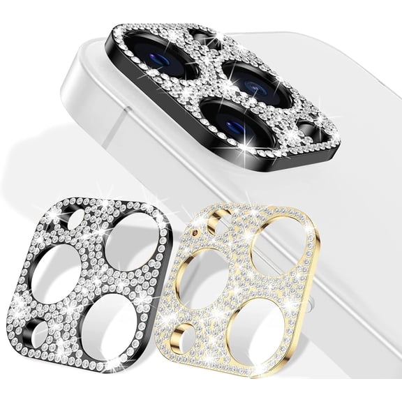 2 Pack Bling Crystal Diamonds Camera Lens Protector for iPhone 12 Pro Max, Alloy Metal Scratch-Resistant Abrasion-Resistant Camera Lens Protection (Black+Gold)