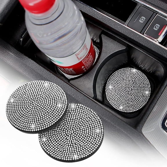 2 Pack Bling Cup Holder Insert Coasters, 2.75 Inch Soft Crystal Rhinestone Rubber Pad Set Round Auto Drink Coaster Car Interior Accessories (Pink)