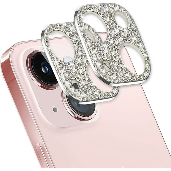 2 Pack Bling Diamond Camera Lens Protector Compatible with iPhone 13, Rear Camera Cover 3D Glitter Crystal Rhinstone Lens Cover Protective Decorations Sticker Protector Silver
