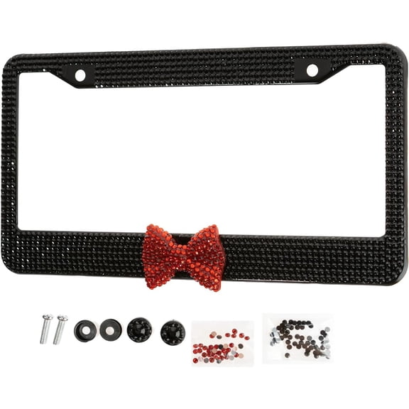 2 Pack Bling License Plate Frame, Handcrafted Bling Rhinestone Premium Stainless Steel License Plate Frame, 14 Facets Clear Color Rhinestone Crystal (Black&Red-Bow)