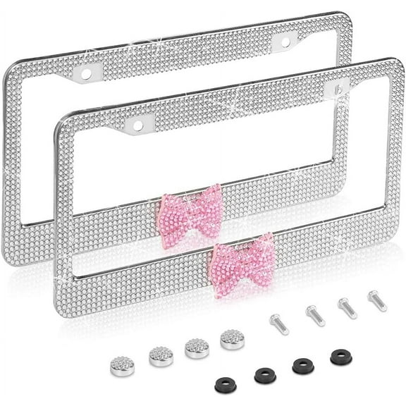 2 Pack Bling License Plate Frame，Handcrafted Bling Rhinestone Premium Stainless Steel License Plate Frame，14 Facets Clear Color Rhinestone Crystal (Silver&Pink-Bow)