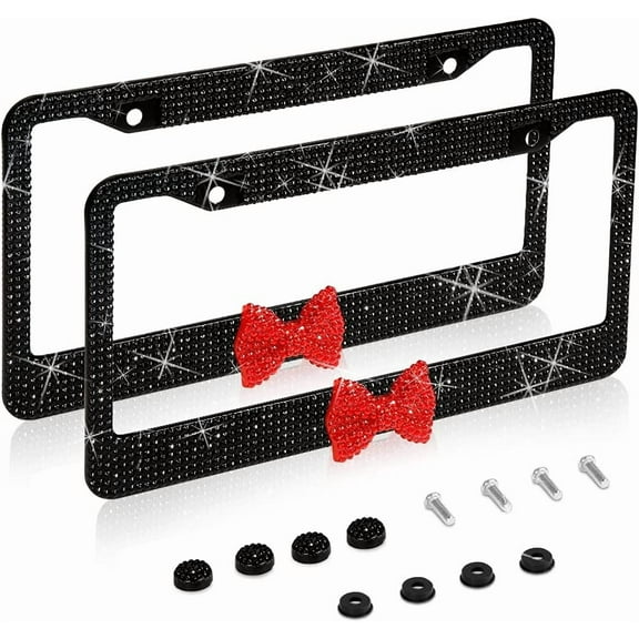 2 Pack Bling License Plate Frame，Handcrafted Bling Rhinestone Premium Stainless Steel License Plate Frame，Clear Color Rhinestone Crystal