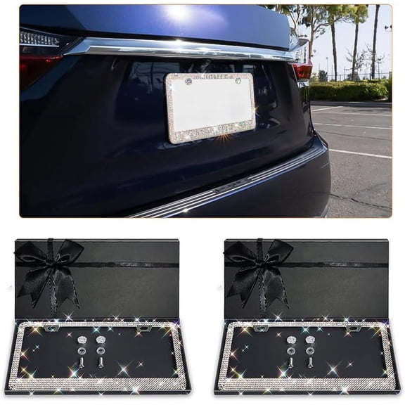 2 Pack Bling License Plate Frame, Sparkly Rhinestone Bedazzled Crystals License Plate Holder, Premium Handcrafted Stainless Steel, Glitter Gift Box, Universal Car Accessories (Colorful)