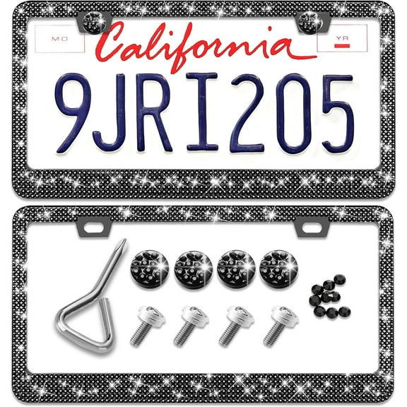  2 Pack Bling License Plate Frames, Rhinestone License Plate Frame, Diamond Sparkle Glitter Stainless Steel Car Plate Frame Black