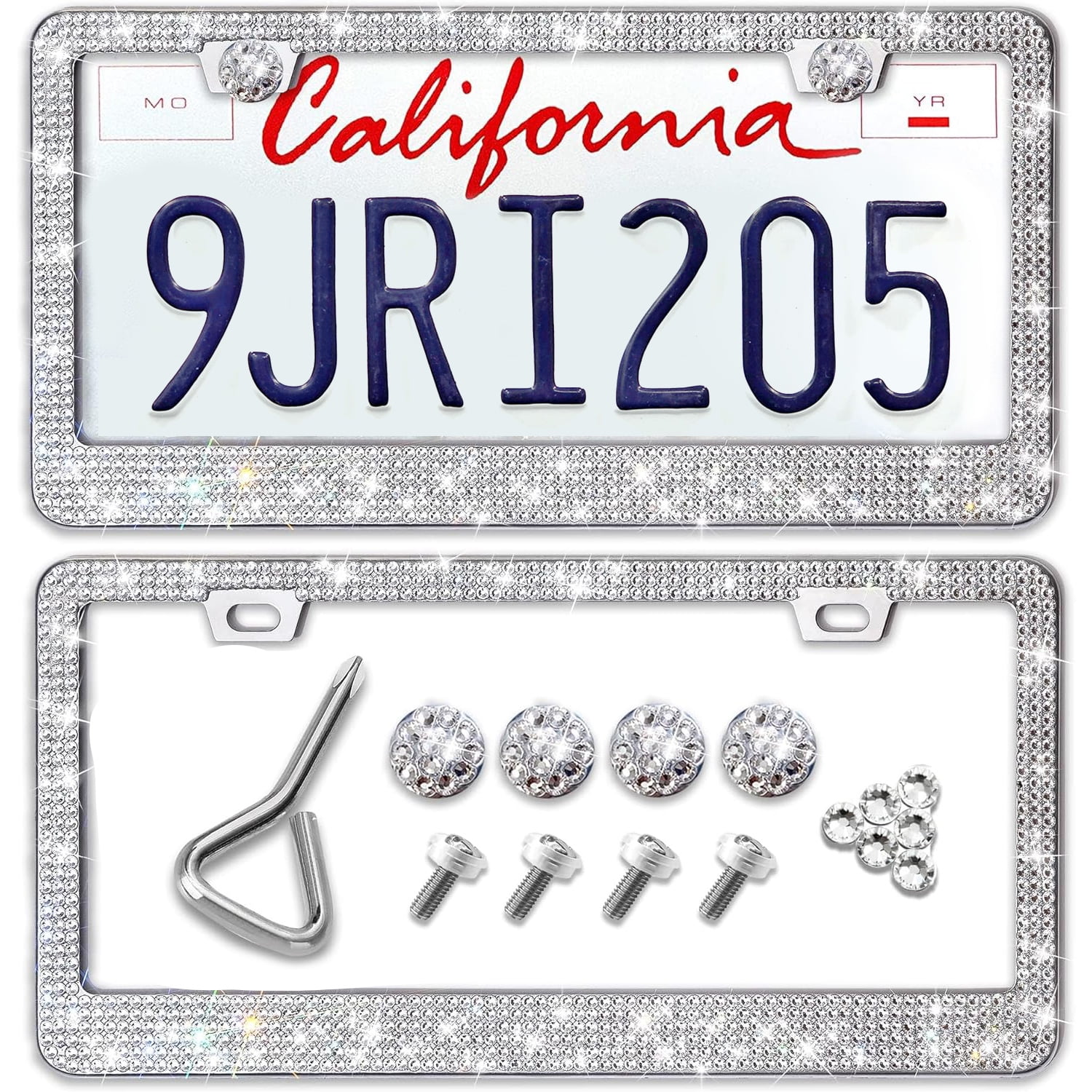 White Bling License Plate Frames, 2 Pack Rhinestone Frames, Stainless Steel, Fits US & Canada Plates
