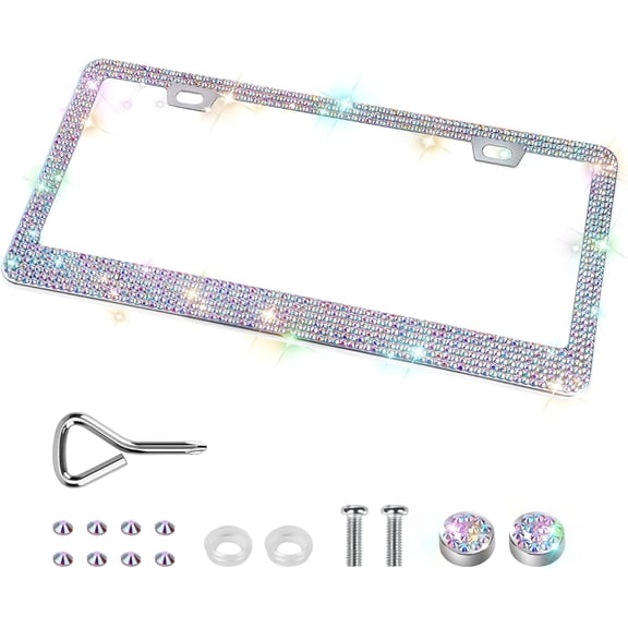 2 Pack Bling License Plate Frames for Women, Sparkly Rhinestone Diamond Car Accessories with Glitter Crystal Caps (Black)