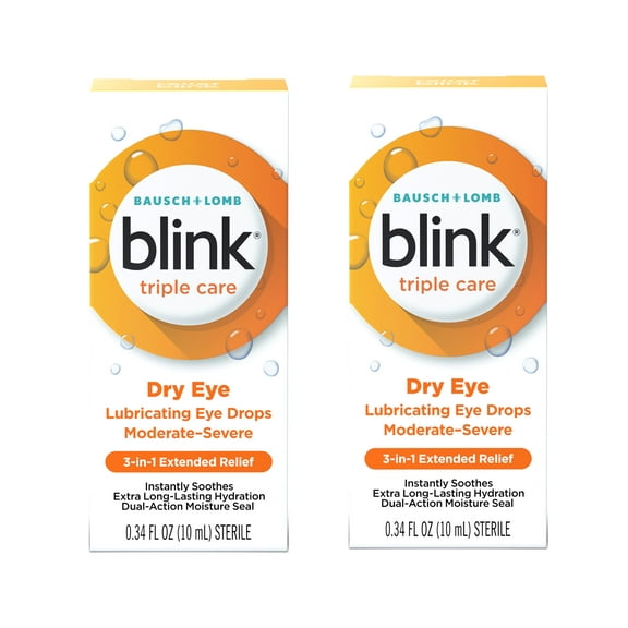 2 Pack - Blink Triple Care Lubricating Eye Drops Long-Lasting Hydration for Moderate to Severe Dry Eyes, Moisturizes & Soothes with Hyaluronate, 0.34 Fl Oz