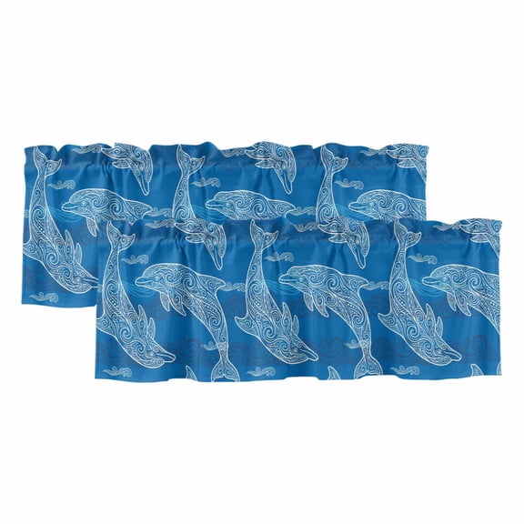 2 Pack Blue Abstract Dolphin Valance for Window Curves Ocean Waves Ethnic Style Kitchen Valance Rod Pocket Short Curtain Topper Decorative Window Treatment for Living Room Bedroom 42"x12"