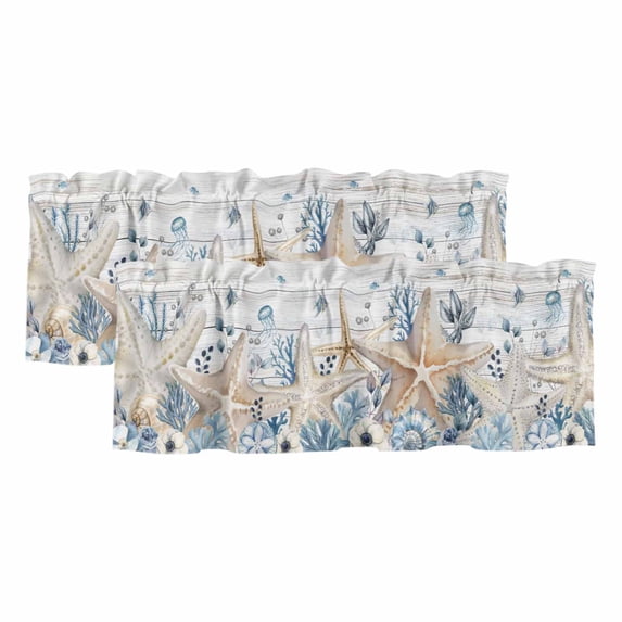 2 Pack Blue Beige Coastal Valances for Windows Bedroom Living Room Window Treatments, Beach Starfish Summer Eucalyptus Retro Rod Pocket Valance Drapes Short Kitchen Curtains Over Sink 42"x12"
