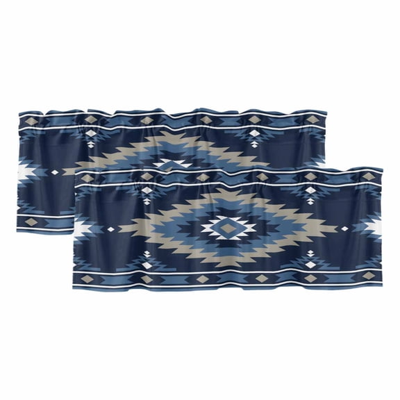 2 Pack Blue Boho Valances for Windows Bedroom Living Room Window Treatments, Aztec Southwest Abstract Geometric Motifs Rod Pocket Valance Drapes Short Kitchen Curtains Over Sink 42"x12"