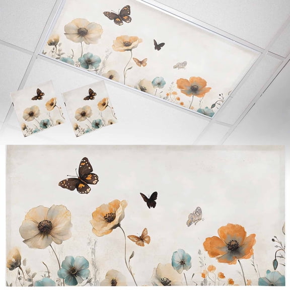 2 Pack Blue Brown Floral Fluorescent Light Covers for Ceiling Lights Butterfly Plant Pastoral Style Magnetic Ceiling Light Covers Overhead Light Filters for Office Classroom Home