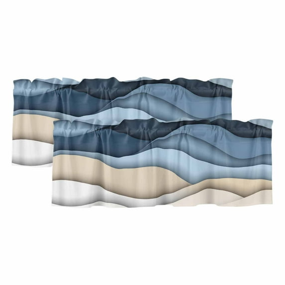 2 Pack Blue Brown Valance for Window Water Ripple Abstract Ombre Wave Stripe Modern Kitchen Valance Rod Pocket Short Curtain Topper Decorative Window Treatment for Living Room Bedroom 54"x18"