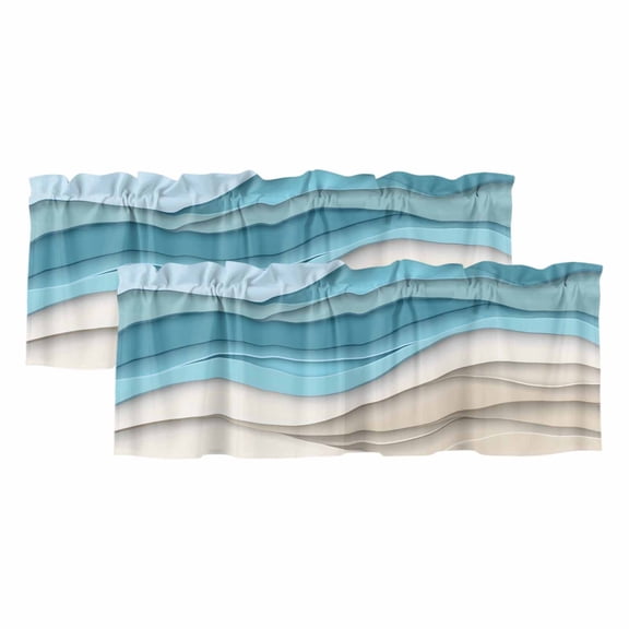 2 Pack Blue Brown Waves Valance for Window Abstract Water Ripple Modern Gradient Kitchen Valance Rod Pocket Short Curtain Topper Decorative Window Treatment for Living Room Bedroom 60"x18"