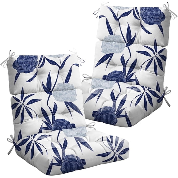 2 Pack Blue Enchantress Waterproof High-Back Rocking Chair Cushion with Ties, 44 x 21 Inches, 4-Inch Thick, Oxford Fabric, Bohemian Leaf Pattern, Indoor/Outdoor Use