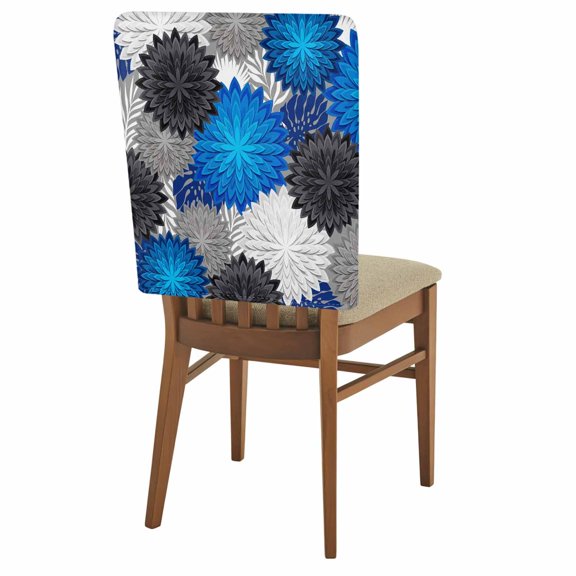 2 Pack Blue Flower Bloom Chair Back Covers Modern Abstract Minimalist Black and White Floral Stretchable Removable Chair Slipcovers Washable Seat Covers for Kitchen Restaurant 19 x 18 Inch