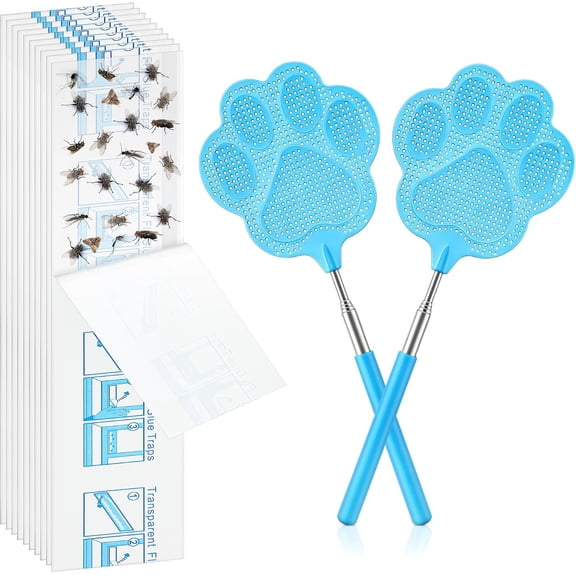 2 Pack Blue Fly Swatter for Indoors with 10 Clear XL Window Fly Traps, Retractable Flyswatter with Stainless Steel Handle, Heavy Duty Flyswatter Manual for House, Kitchen and Outdoors