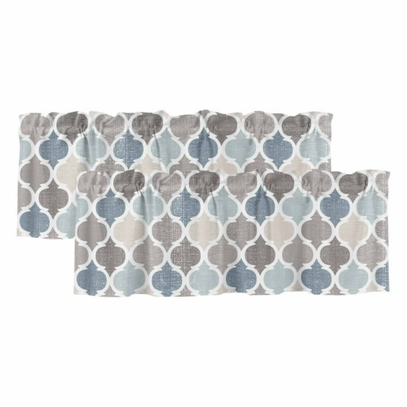 2 Pack Blue Grey Valance for Window Morocco Geometric Plaid Kitchen Valance Rod Pocket Short Curtain Topper Decorative Window Treatment for Living Room Bedroom 42"x12"