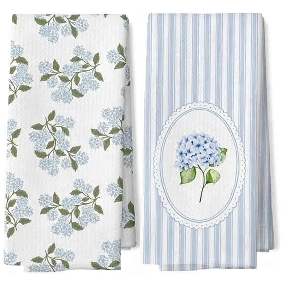 2 Pack Blue Hydrangea Floral Kitchen Towels, Absorbent Hand Towels, Farmhouse Dish Towels with Hydrangea Print, Spring Summer Decorative Tea Towels for Kitchen Bathroom Countertop, 16x24 Inch