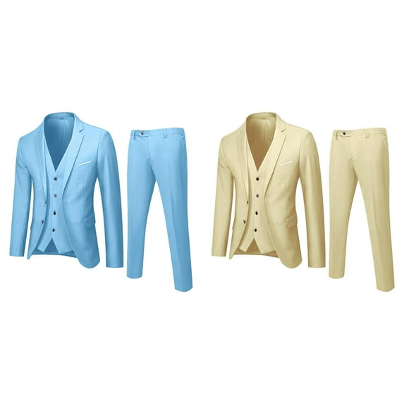 2 Pack(Blue & Khaki) Men’S Suit Slim 3 Men Tuxedo Suit Wedding Piece Suit Business Wedding Mens Casual Suit Party Jacket Vest & Men Slim Fit Suit Pants Prom Sui