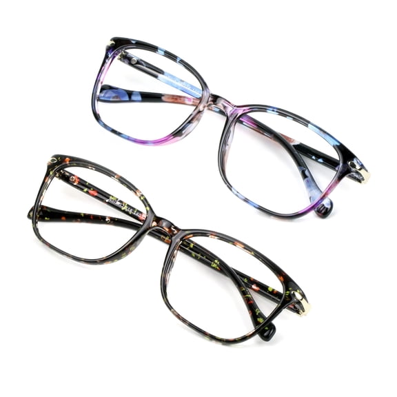 2 Pack Blue Light Blocking Glasses for Women/Men, Anti Eyestrain, Computer Reading, TV Glasses, Stylish Square Frame, Anti Glare (Pink Floral  2.00 Magnification)
