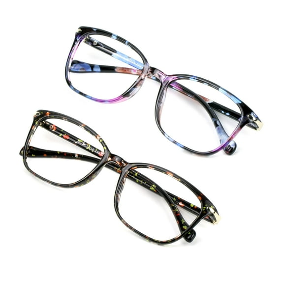 2 Pack Blue Light Blocking Glasses for Women/Men, Anti Eyestrain, Computer Reading, TV Glasses, Stylish Square Frame, Anti Glare (Pink+Floral +2.00 Magnification)