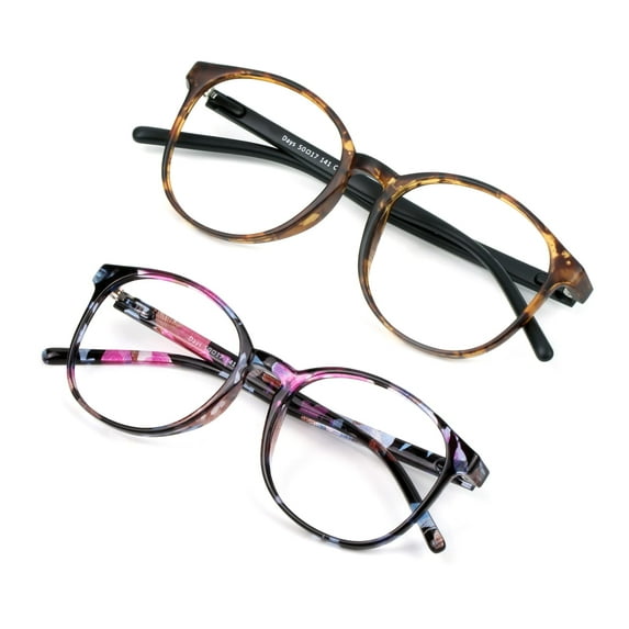 2 Pack Blue Light Blocking Glasses for Women/Men, Anti Eyestrain, Stylish Oval Frame, Anti Glare(Floral + Tortoise +2.00 Magnification)