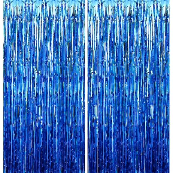 2 Pack Blue Metallic Tinsel Foil Fringe Curtains, Doorway Window Curtain for Photo Backdrop Baby Shower Wedding Birthday Party Decor