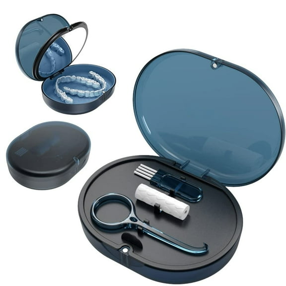 2 Pack Blue New Double-layer Aligner Case with Belt Chewing,Removal Tool,Cleaning Brush,Built in Mirror Orthodontic Case