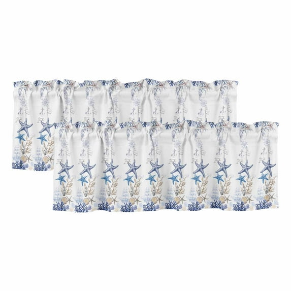 2 Pack Blue Ocean Valance for Window Starfish Shell Coral Vintage Nautical Theme Marine Kitchen Valance Rod Pocket Short Curtain Topper Decorative Window Treatment for Living Room Bedroom 54"x18"