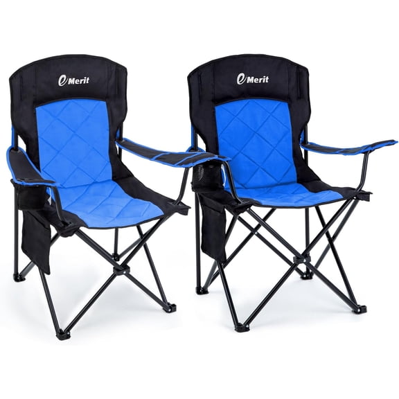 2 Pack Blue Oversized Padded Camping Chair with Arms, 350 lb Capacity, Quad Fold, Lumbar Support and Cup Holder