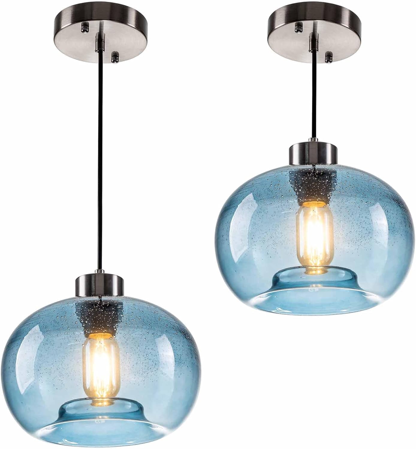 2 Pack Blue Pendant Lights Kitchen Island, 9.2 Inch Pumpkin Farmhouse