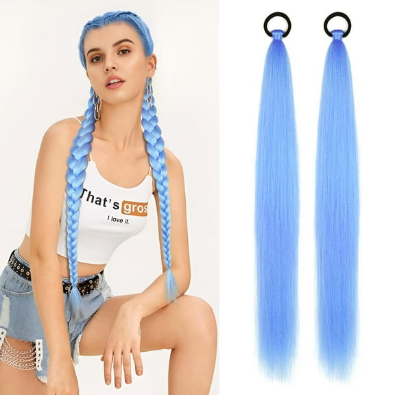 2 Pack Blue Ponytail Extension with Elastic Tie Straight Sleek Wrap Around Braid Ponytail Light Blue 26 Inch (Light Blue#)