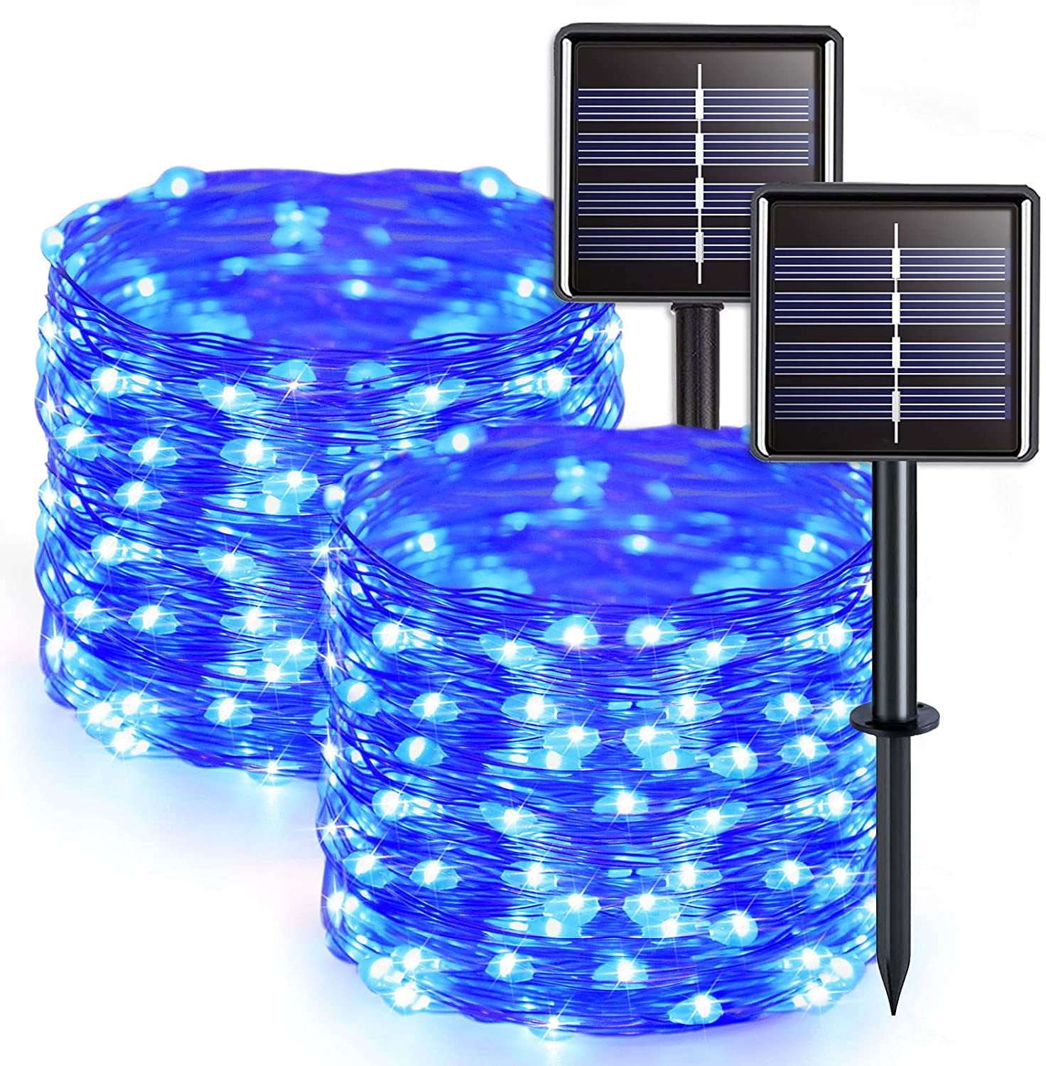 2 Pack Blue Solar String Lights Outdoor Waterproof, Each 33ft 100 LED Solar Fairy Lights, 8 Modes Copper Wire Mini Christmas Light for Outside Patio Garden Tree Christmas Decorations