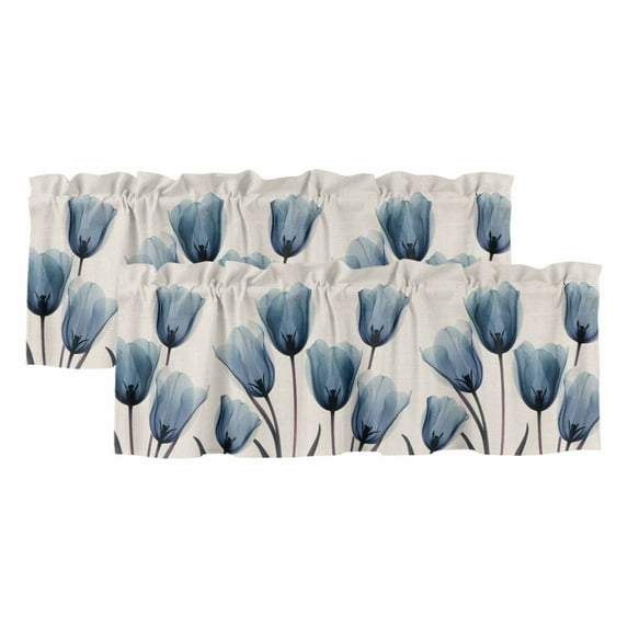 2 Pack Blue Tulip Valance for Window Minimalist Modern Flower Art Linen Background Kitchen Valance Rod Pocket Short Curtain Topper Decorative Window Treatment for Living Room Bedroom 42"x12"