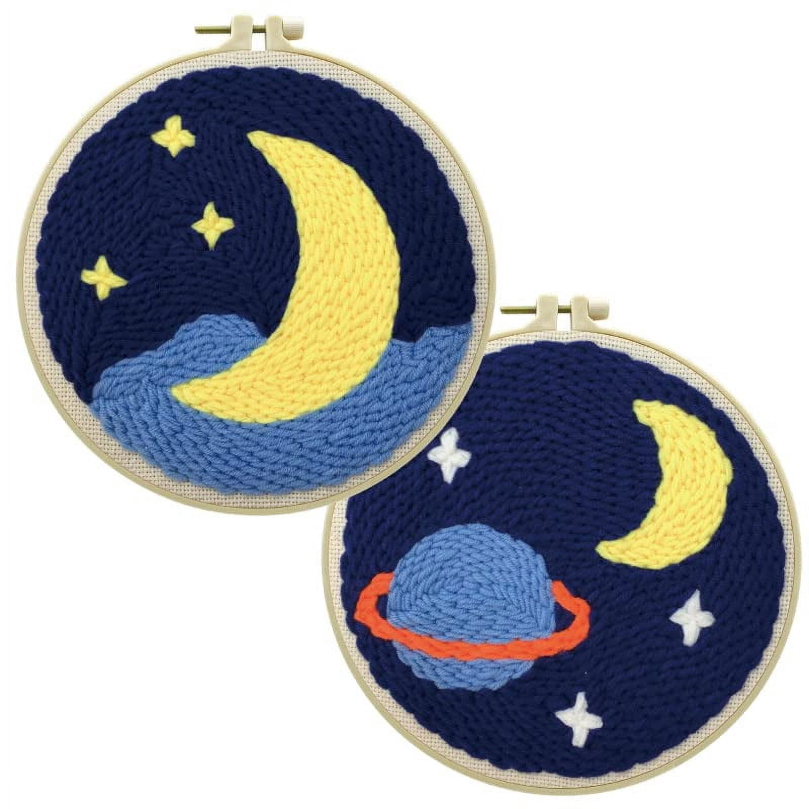 2 Pack Blue Universe Easy Punch Needle Embroidery Starter Kits for Kids and Adults Beginners with Punch Needle Tool,Threader, Stamped Fabric Embroidery,Hoop,Pen, Punch Needle Kits
