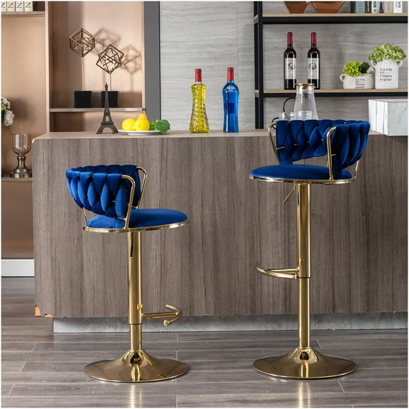 2-Pack Blue Velvet Bar Stools with Chrome Base, Swivel & Adjustable Height
