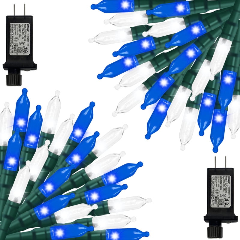 2 Pack Blue White Christmas Mini Lights, 32.5FT 100 LED Clear Bulbs String Lights with 16 Light Modes, Fairy Lights Plug in for Outdoor Xmas Trees Garland Wreath Holiday Decorations