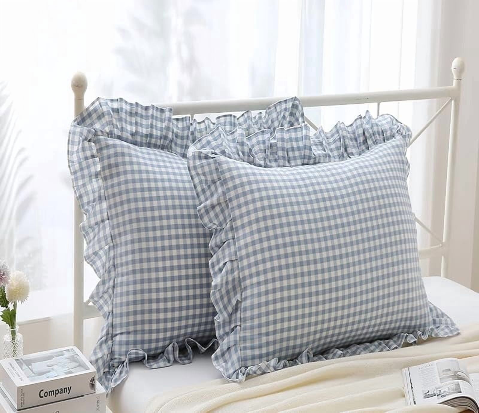 2 Pack Blue White Plaid Euro Pillow Shams with Ruffles Checkered Pillowcases Gingham Pillow Cases Washed Cotton Farmhouse Cottage Pillow Covers for Bed/Sofa(26X26inches,Blue/White Plaid)