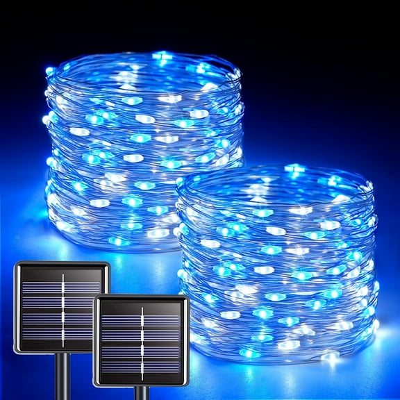 2 Pack Blue and White Solar Christmas Lights, Each 33FT 100 LED Solar String Lights Outdoor Waterproof, 8 Modes Mini Fairy Lights for Outside Yard Patio Christmas Decorations