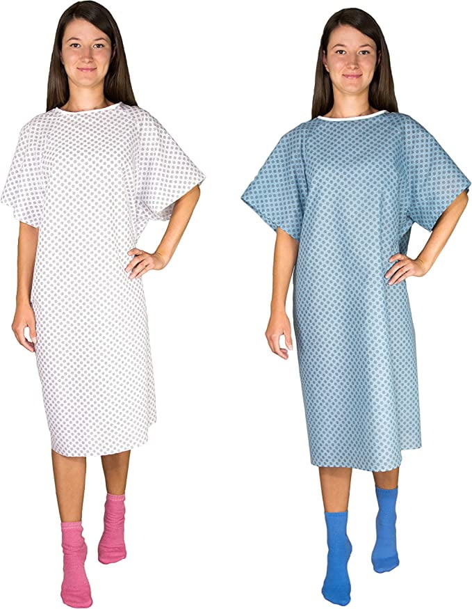 2 Pack Blue and White Hospital Gown with Back Tie One Size Fits All
