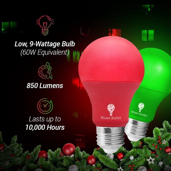 2 Pack BlueX LED A19 Green Light Bulb - 9W (60Watt Equivalent) - E26 Base LED Lights, Party Decoration, Porch, Home Lighting, Holiday Lighting, Decorative Illumination Bulb