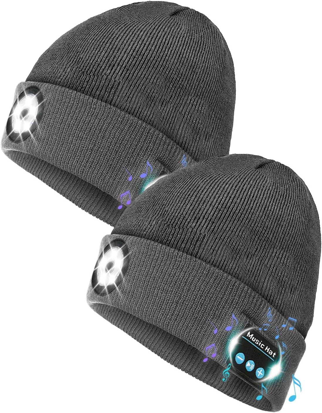 2 Pack Bluetooth Beanie Hat with Light, 5 LED Rechargeable Headlamp Cap with Wireless Headphones, Winter Knitted Bluetooth Hat, Women Men Gift Stocking Stuffers for Dad Father Husband